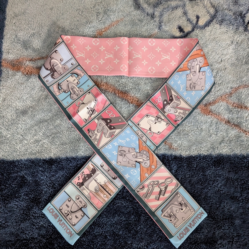 Louis Vuitton Silk Bandeau Light Pink Multicolor Monogrom Scarf